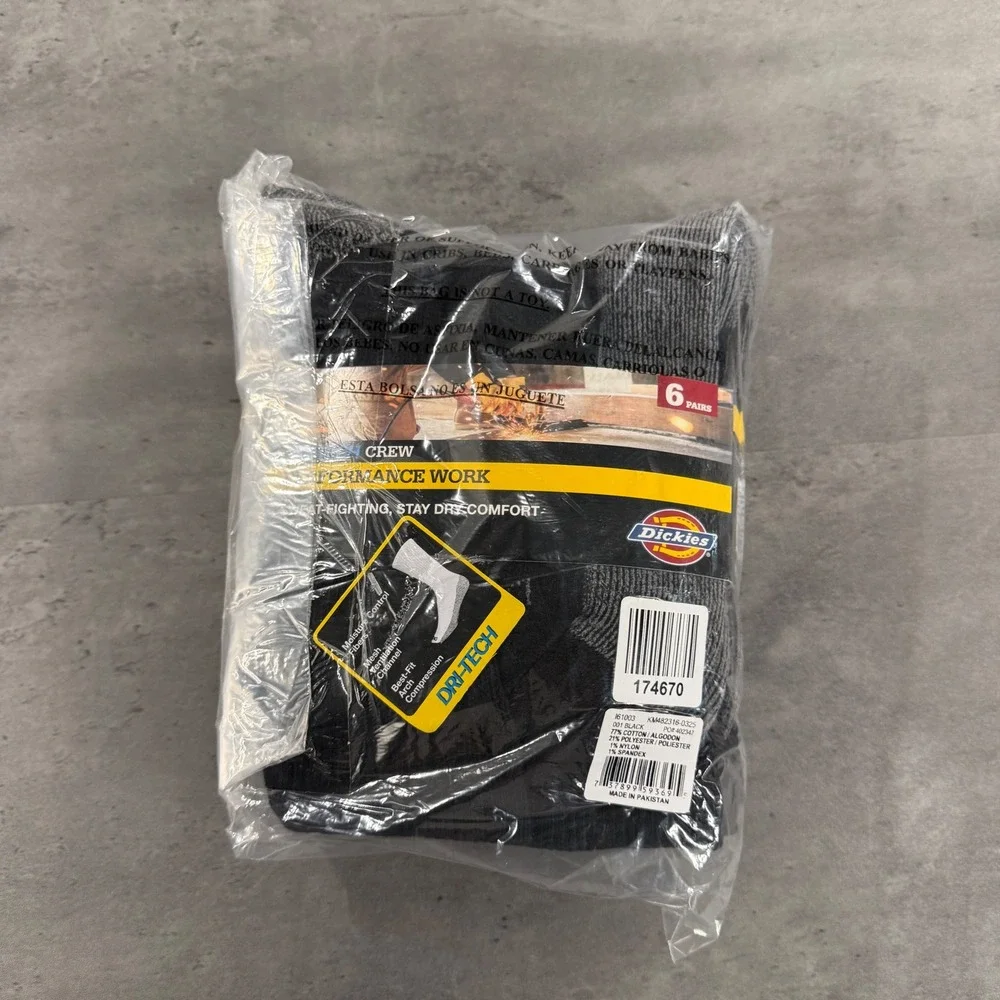 Dickies Socks Mens 6-12 Dri-Tech Performance Work Black Gray 6-Pair Pack NEW
